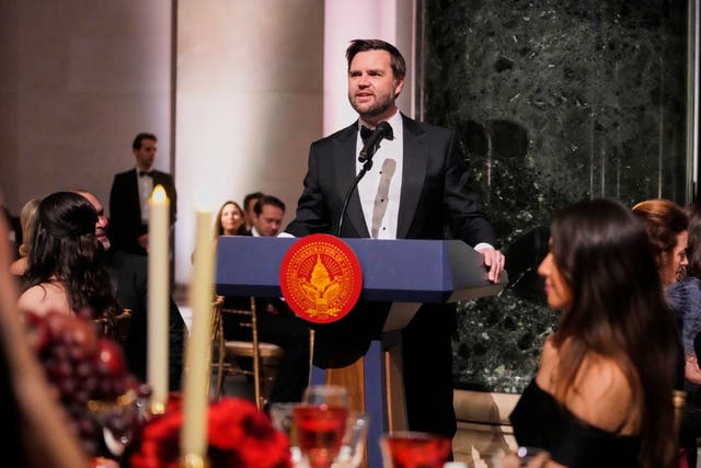 Vice President-elect JD Vance speaks during a dinner event at the National Gallery of Art in Washington on Saturday