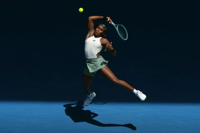 Coco Gauff hits a forehand