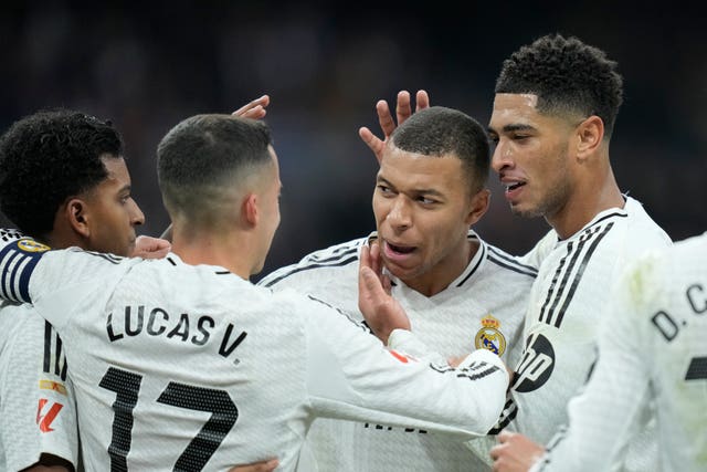 Real Madrid’s Kylian Mbappe celebrates after scoring a goal against Las Palmas