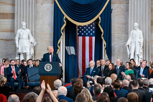 President Donald Trump speaks after taking the oath of office during the 60th Presidential Inauguration in the Rotunda of the US Capitol in Washington