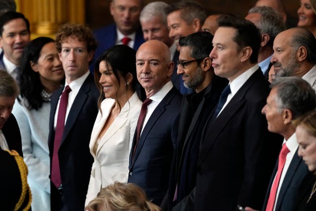 Guests including Mark Zuckerberg, Jeff Bezos, Sundar Pichai and Elon Musk arrive before the 60th Presidential Inauguration in the Rotunda of the US Capitol in Washington