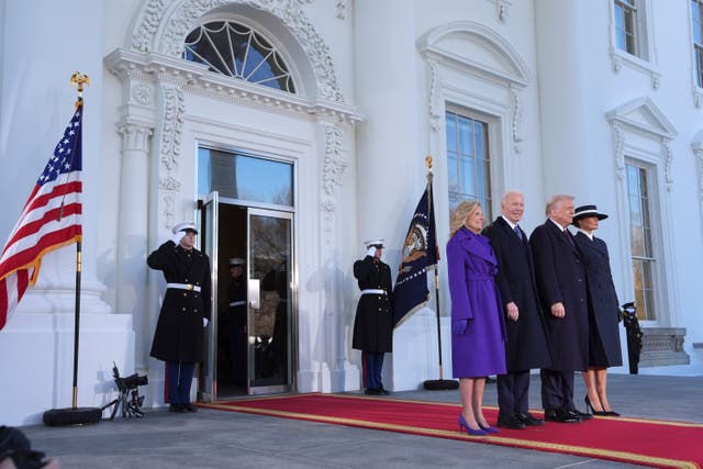 President Joe Biden, centre left, and first lady Jill Biden, left, pose with President-elect Donald Trump, centre right, and Melania Trump, right, upon arriving at the White House in Washington