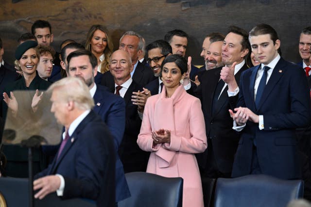 Tesla and SpaceX chief executive Elon Musk gives a thumbs up as President Donald Trump speaks during the 60th Presidential Inauguration in the Rotunda of the US Capitol in Washington