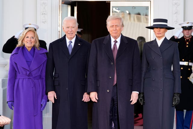 President-elect Donald Trump and Melania Trump are greeted by President Joe Biden and first lady Jill Biden, upon their arrival at the White House in Washington