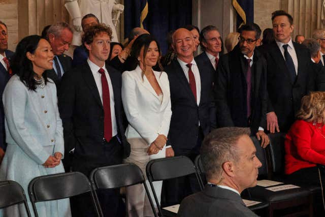 From left, Priscilla Chan, Mark Zuckerberg, Lauren Sanchez, Jeff Bezos, Sundar Pichai and Elon Musk at the 60th Presidential Inauguration in the Rotunda of the US Capitol in Washington 