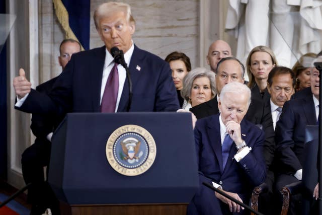 President Donald Trump delivers remarks after being sworn in as the 47th President of the United States during the 60th Presidential Inauguration in the Rotunda of the US Capitol in Washington