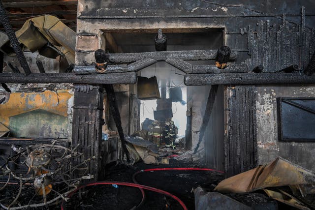 The damaged interior of the hotel