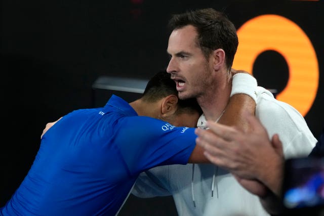 Novak Djokovic hugs coach Andy Murray 