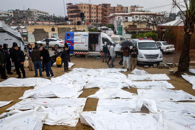 Palestinians look for the bodies of their relatives at the Nasser hospital in Khan Younis