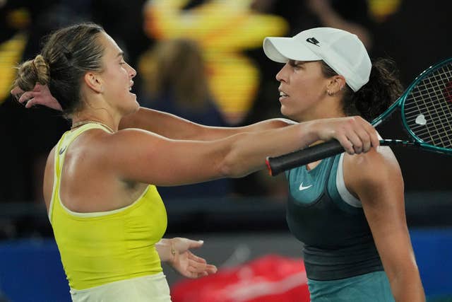 Madison Keys, right, is congratulated by Aryna Sabalenka