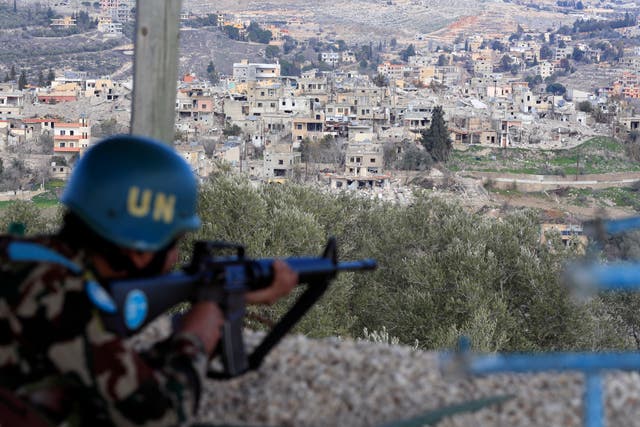 An UN peacekeeper takes position in Mays al-Jabal, southern Lebanon 