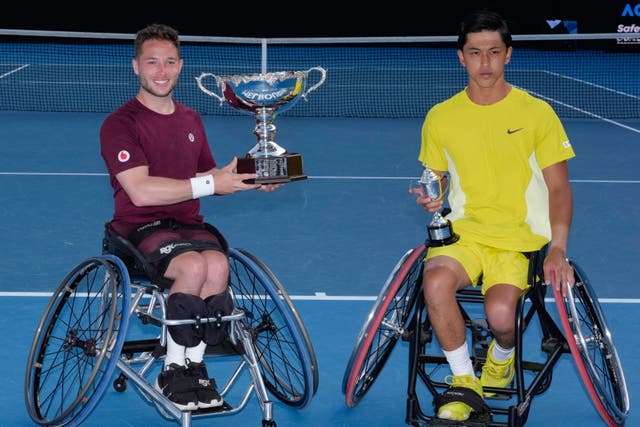 Alfie Hewett, left, and Tokito pose with their trophies