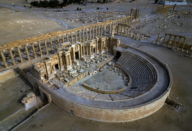 An aerial view shows a section of the ancient city of Palmyra