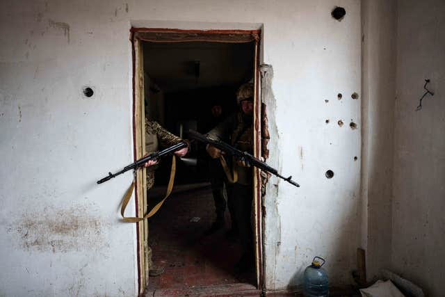 Ukrainian soldiers of Da Vinci Wolves Battalion train not far from the frontline on Pokrovsk 