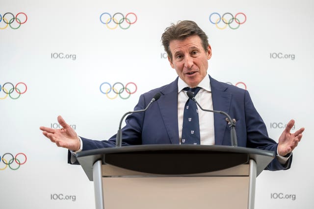 Sebastian Coe addresses the media after presenting his IOC presidential election manifesto to the organisation's members in Lausanne