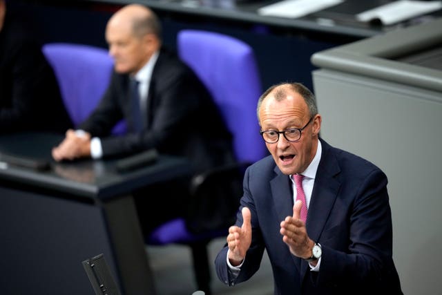 Friedrich Merz, German opposition leader and chairman of the Christian Democratic Union (CDU) party, speaks during a session of the German parliament in Berlin 