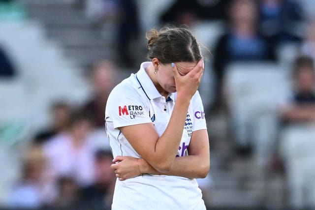 England’s Lauren Filer holds her head 