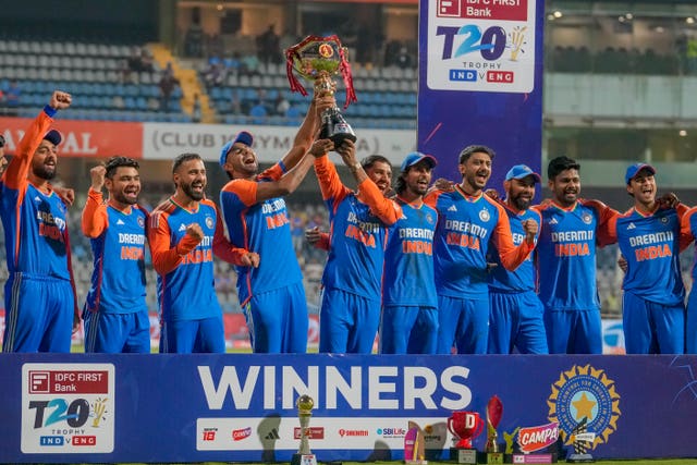 India's players celebrate with the trophy after winning the T20 series 4-1