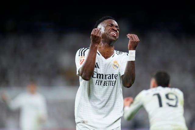 Real Madrid’s Vinicius Junior reacts after a missed chance to score on Saturday