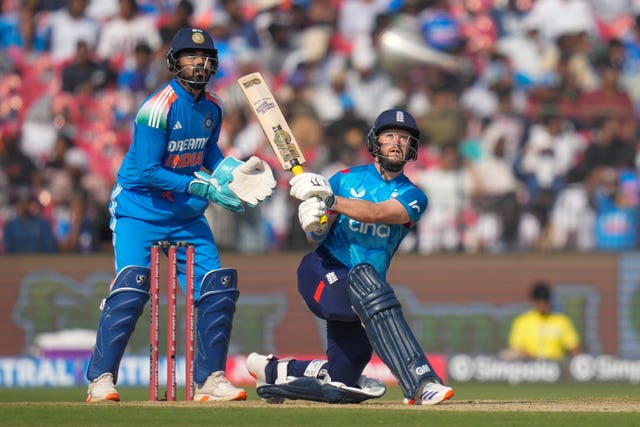 England’s Ben Duckett plays a slog-sweep shot during the second one day international against India