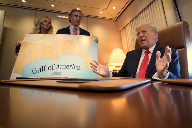 President Donald Trump aboard Air Force One, where he signed a proclamation declaring February 9 Gulf of America Day