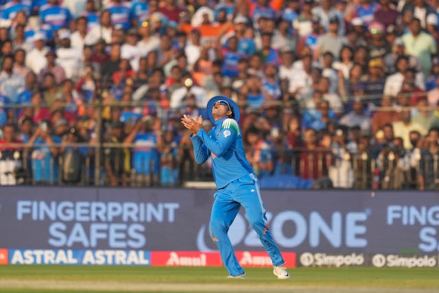 India’s Shubman Gill prepares to take the catch to dismiss England’s Jamie Overton