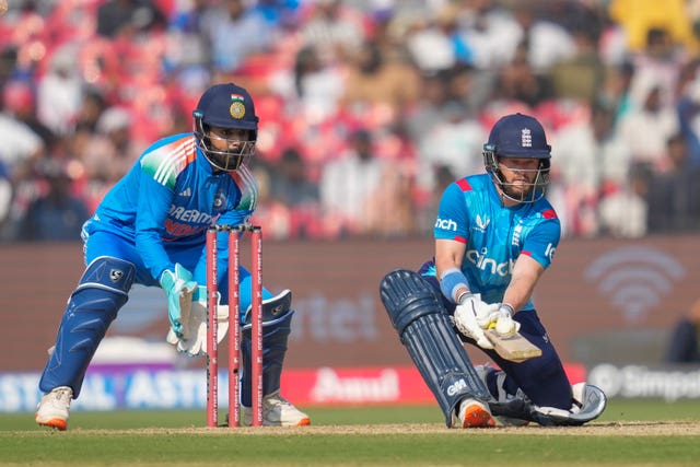 England’s Ben Duckett plays a scoop shot during his 65 against India