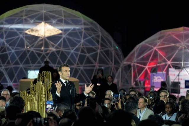 French President Emmanuel Macron speaks during the Artificial Intelligence Action Summit at the Grand Palais in Paris