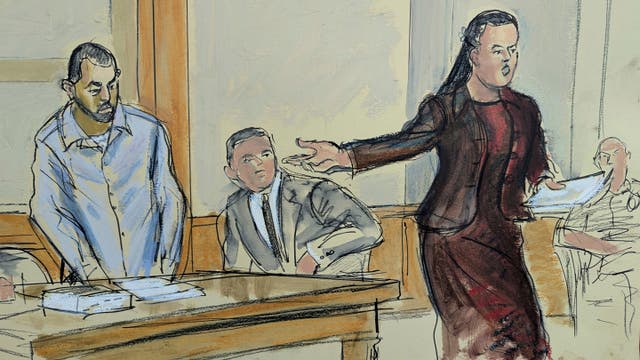  In this courtroom sketch, lawyer Lynn Shaffer asks her client Hadi Matar, left, to stand while giving her opening statement in court