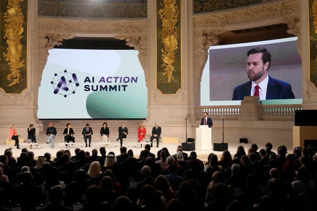 US Vice President JD Vance addresses the audience at the Grand Palais during the Artificial Intelligence Action Summit in Paris