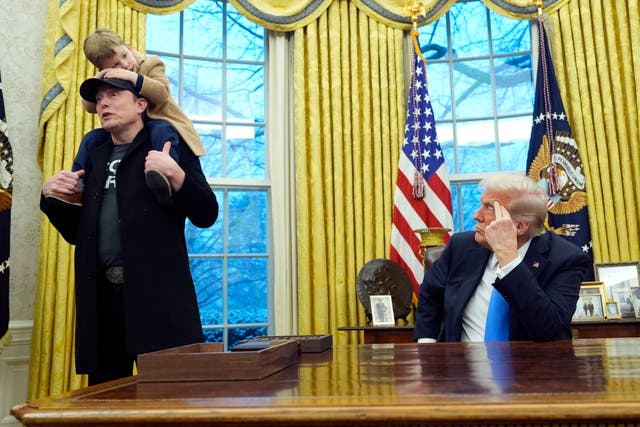 Elon Musk speaks in the Oval Office, with his son sitting on his shoulders, while Donald Trump, sat at his desk, looks on