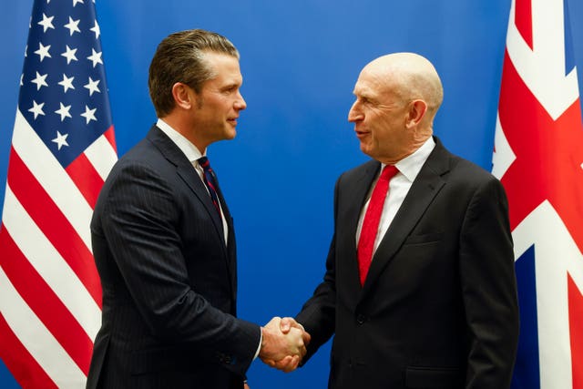 United States secretary of defence Pete Hegseth, left, shakes hands with Britain’s Defence Secretary John Healey prior to a bilateral meeting on the sidelines of a Nato defence ministers meeting at Nato headquarters in Brussels