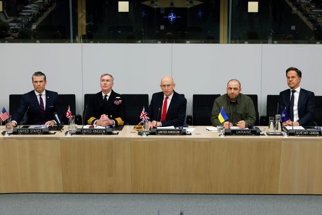 US Secretary of Defence Pete Hegseth alongside Admiral Sir Tony Radakin and Defence Secretary John Healey as well as Ukraine’s Defence Minister Rustem Umerov, and NATO Secretary General Mark Rutte 