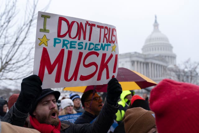 People rally against the policies of President Donald Trump and Elon Musk at the U.S. Capitol in Washington