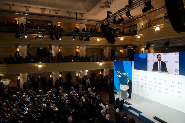 US vice president JD Vance addresses the audience during the Munich Security Conference at the Bayerischer Hof Hotel in Munich, Germany 