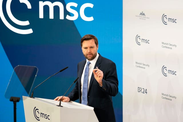 United States vice president JD Vance addresses the audience during the Munich Security Conference at the Bayerischer Hof Hotel in Munich, Germany 