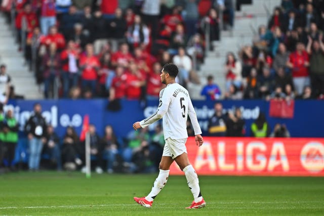 Real Madrid’s Jude Bellingham walks off the pitch after being shown a red card against Osasuna