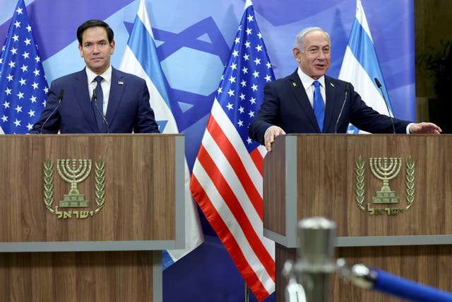 Marco Rubio and Benjamin Netanyahu speaking at lecterns