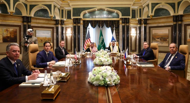 U.S. Secretary of State Marco Rubio, second left, meets with Saudi Foreign Minister Prince Faisal bin Farhan Al Saud, Saudi National Security Advisor Mosaad bin Mohammad Al-Aiban, U.S. National Security Advisor Mike Waltz, third left, U.S. Middle East envoy Steve Witkoff, left, Russian Foreign Minister Sergei Lavrov, right, and Russian President Vladimir Putin’s foreign policy advisor Yuri Ushakov, second right, at Diriyah Palace, in Riyadh, Saudi Arabia