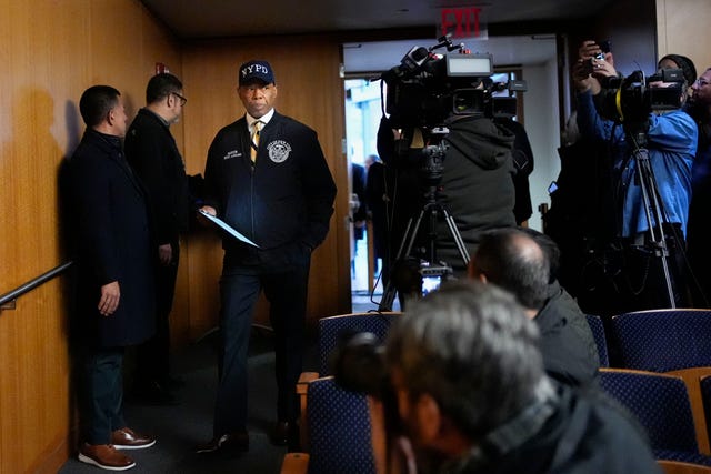 New York City mayor Eric Adams arriving at a news conference