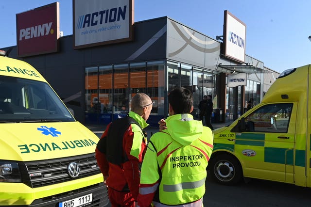 Police and ambulances in a shopping area in Hradec Kralove 