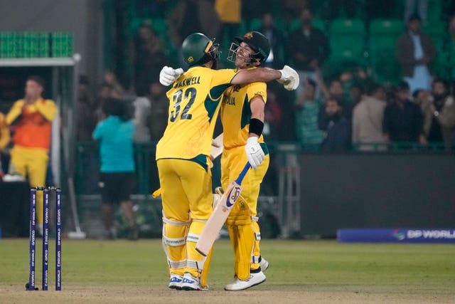 Josh Inglis, right, and Glenn Maxwell celebrate Australia's win