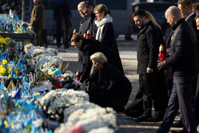 European leaders attending a ceremony at the memorial to the fallen Ukrainian soldiers in Kyiv