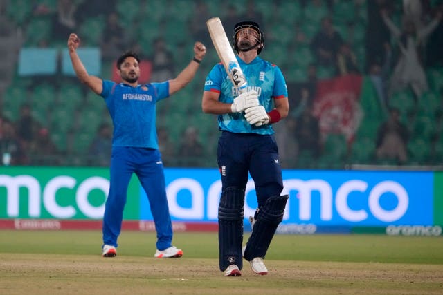 Liam Livingstone, right, reacts after his dismissal in England's ODI defeat to Afghanistan