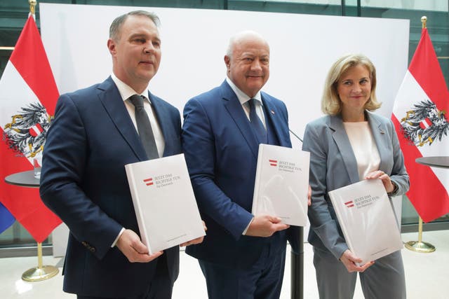 Party leaders Andreas Babler of the Social Democrats, Christian Stocker of the People's Party and Beate Meinl-Reisinger of Neos