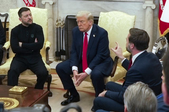 US vice president JD Vance, right, speaks with Ukrainian President Volodymyr Zelenskyy, left, as President Donald Trump listens in the Oval Office at the White House in Washington