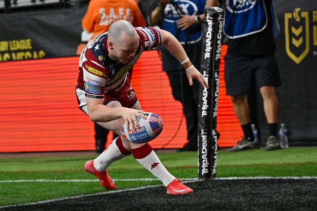 Liam Marshall scores Wigan's eighth try in Las Vegas