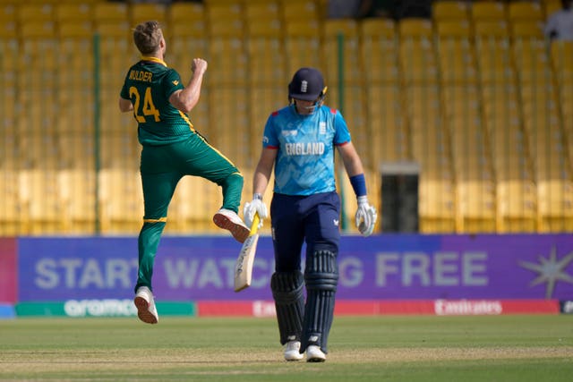 Wiaan Mulder celebrates the dismissal of Joe Root 