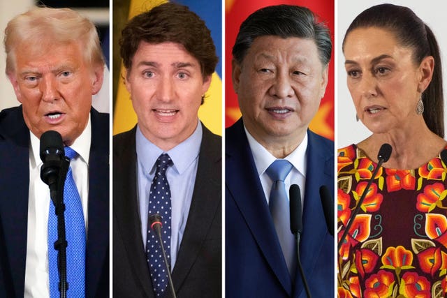 Combination of file photos showing, from left, Donald Trump, Justin Trudeau, Xi Jinping and Claudia Sheinbaum