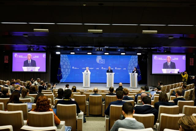 European Commission President Ursula von der Leyen, left, and European Council President Antonio Costa, centre, address a media conference after the talks